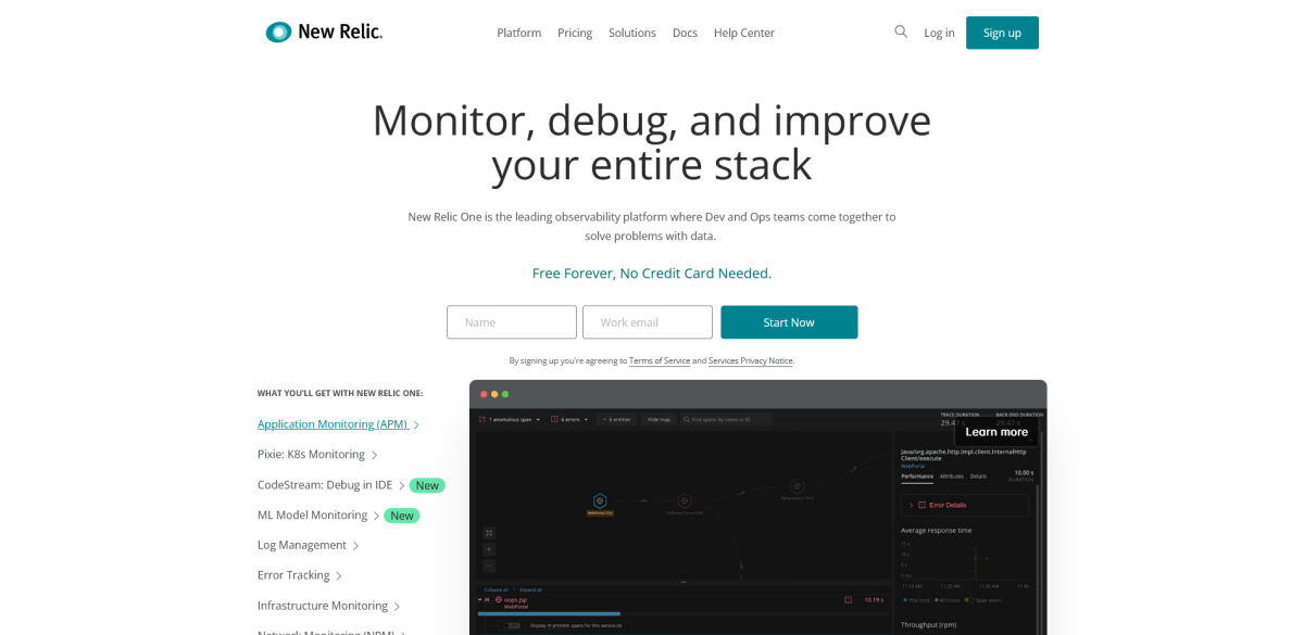 New Relic Tool Landing Page