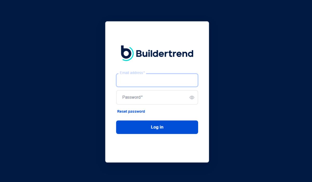 User interface for Buildertrend login with reset password link and blue log in button.