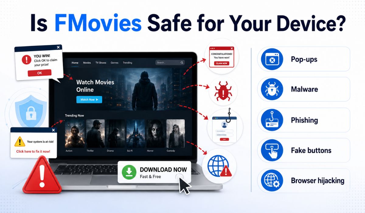 FMovies device safety infographic showing pop-ups, malware, phishing, fake buttons, and browser hijacking risks on a laptop screen.