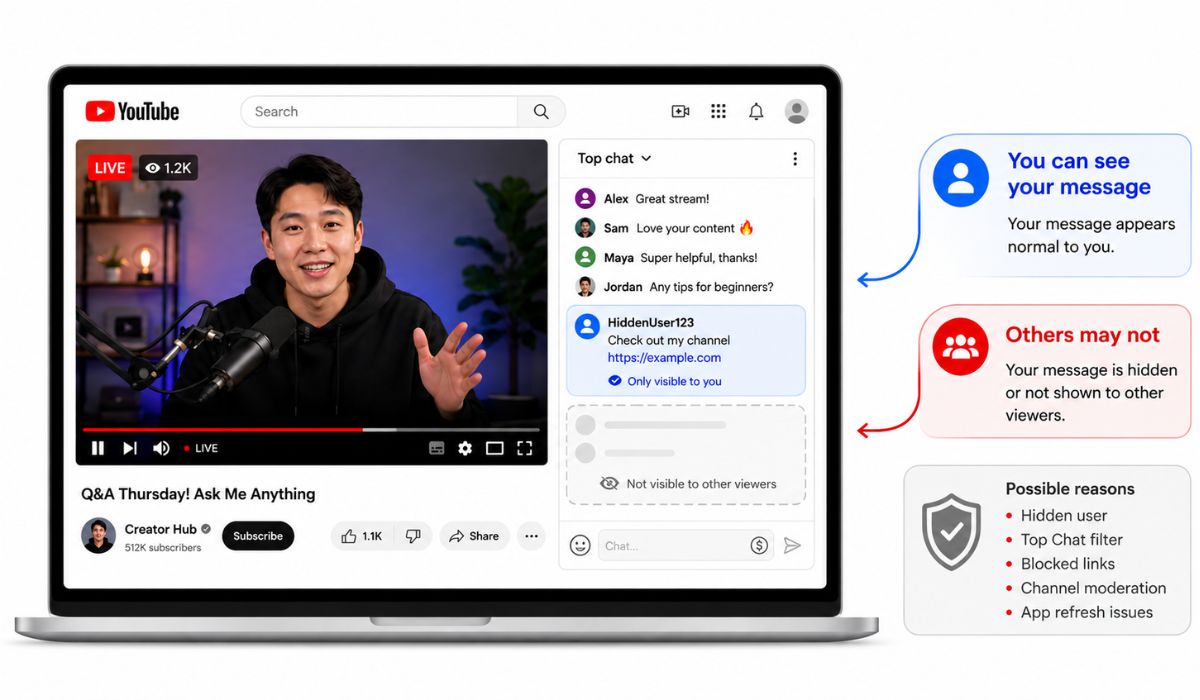 YouTube live chat shadowban explainer image showing a message visible to the user but hidden from other viewers.